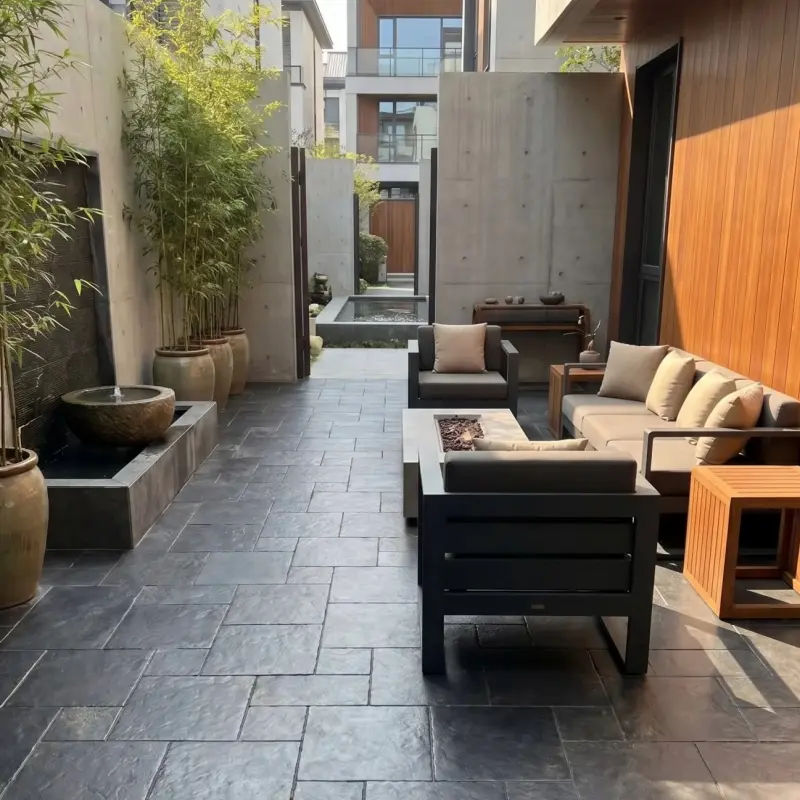 Black Limestone with Gold Veining, outdoor patio flooring in residential courtyard