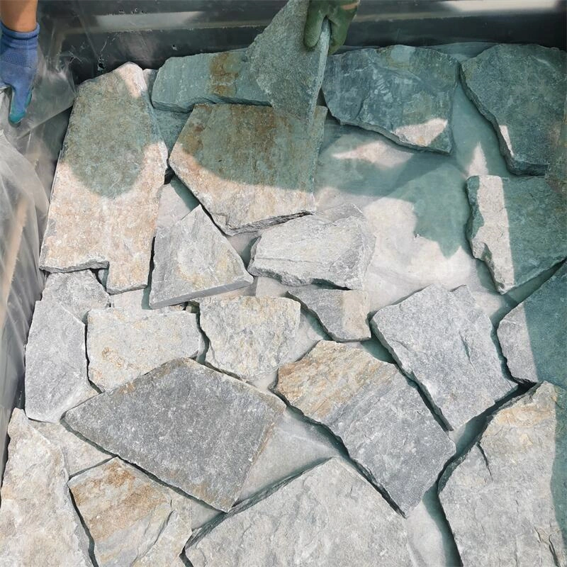 Light Blue Crazy Paving Stone installation on exterior feature wall with natural slate