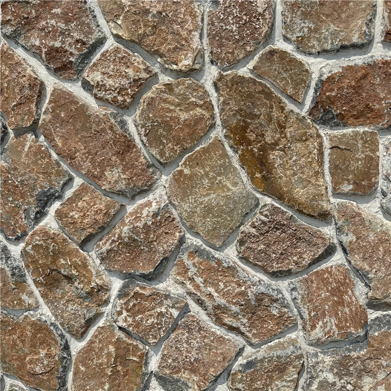 Golden Rust Random Fieldstone Wall Cladding, reddish golden rust fieldstone wall installation effect