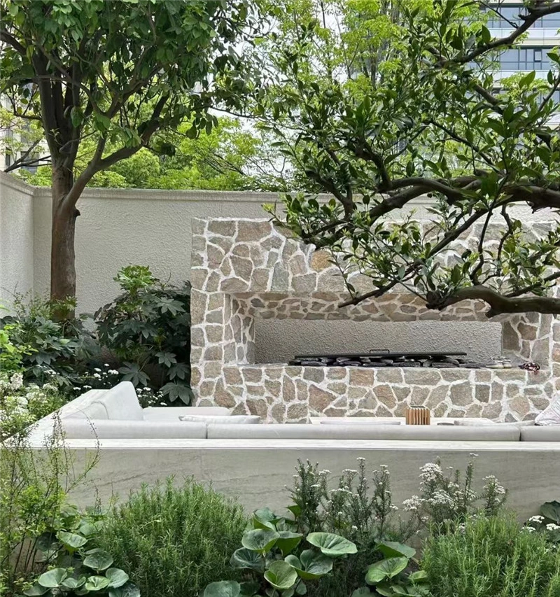 Grey crazy paving stone for villas, light beige irregular crazy paving stone on villa garden outdoor fireplace wall