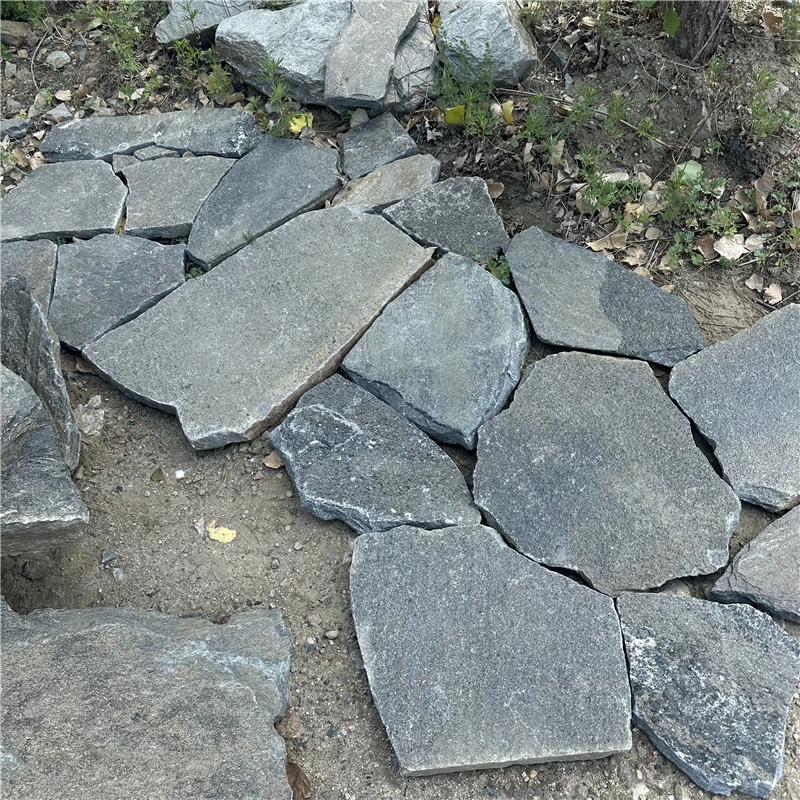 Grey Green Irregular Flagstone, raw irregular slate laid for patio paving layout