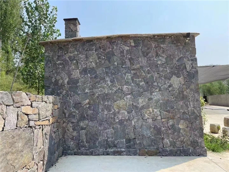 Dusky Purple Crazy Paving villa facade wall with irregular stone cladding