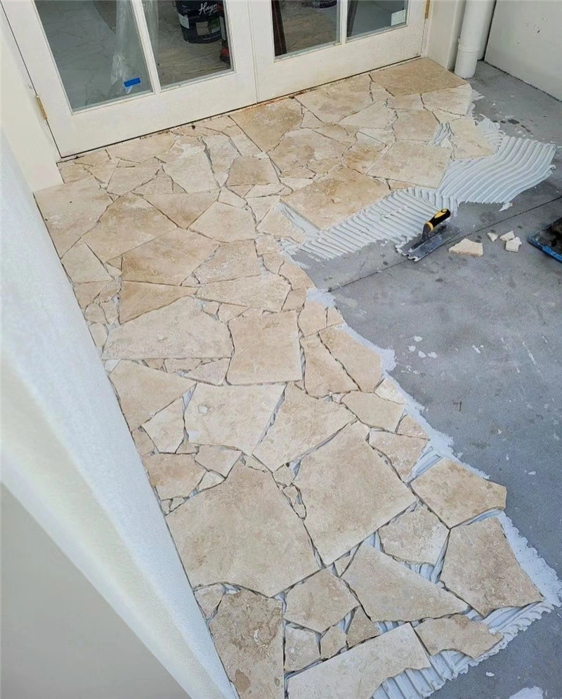 Yellow Limestone Crazy Paving partial floor installation natural limestone crazy paving site