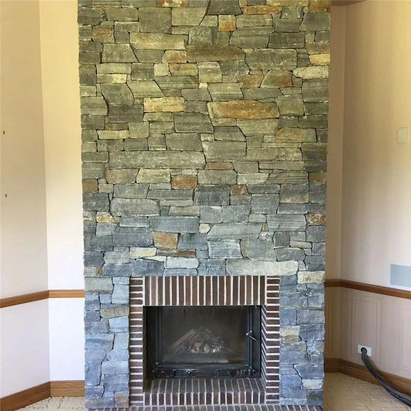Rustic Grey Stacked Stone around a fireplace, interior accent wall cladding