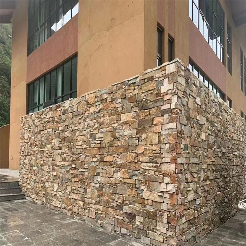 Rust colored natural stone ledger panels building exterior corner cladding application