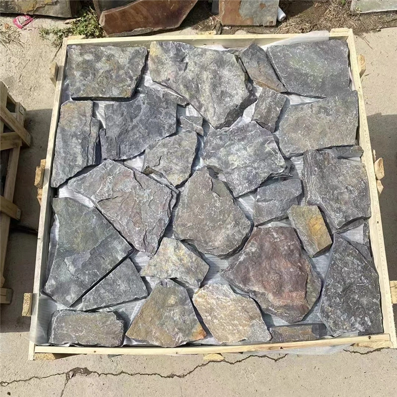 Dusky Purple Crazy Paving stacked on a wooden pallet for shipment