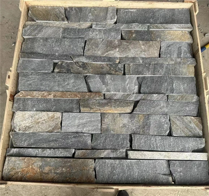 Rustic Grey Stacked Stone panels packed in wooden crates for export