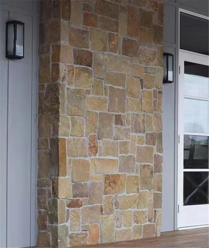 Finished yellow limestone crazy paving exterior corner wall, natural crazy stone for house facade
