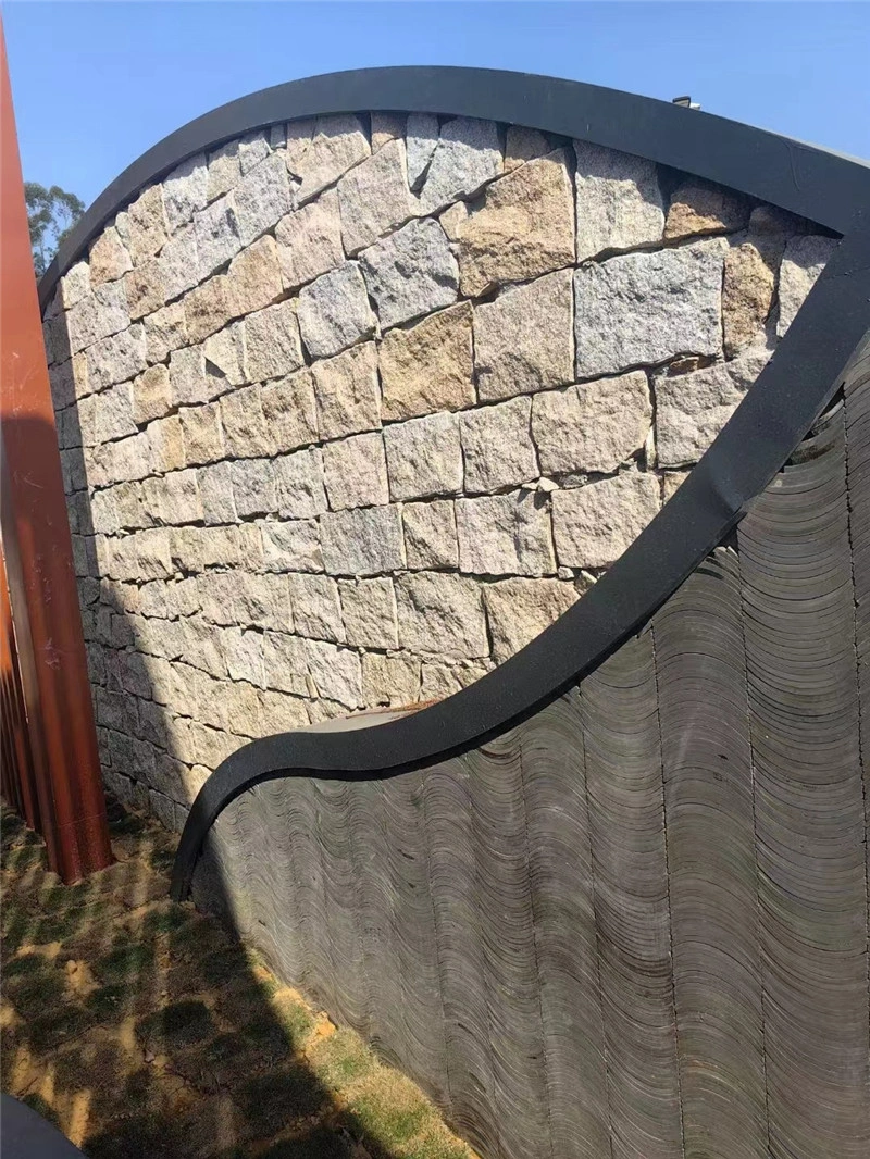 Rustic Yellow Crazy Paving Stone curved landscape feature wall outdoor architecture