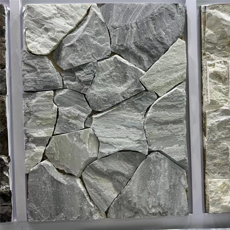 Grey Green Irregular Flagstone, pre-assembled crazy paving stone panel closeup