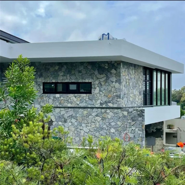 Light Blue Crazy Paving Stone natural slate wall cladding on modern house facade
