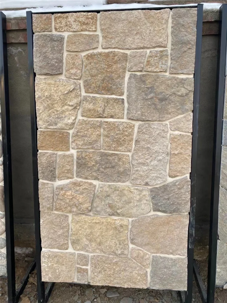 Yellow limestone crazy paving stone sample panel, natural stone veneer for exterior facade display