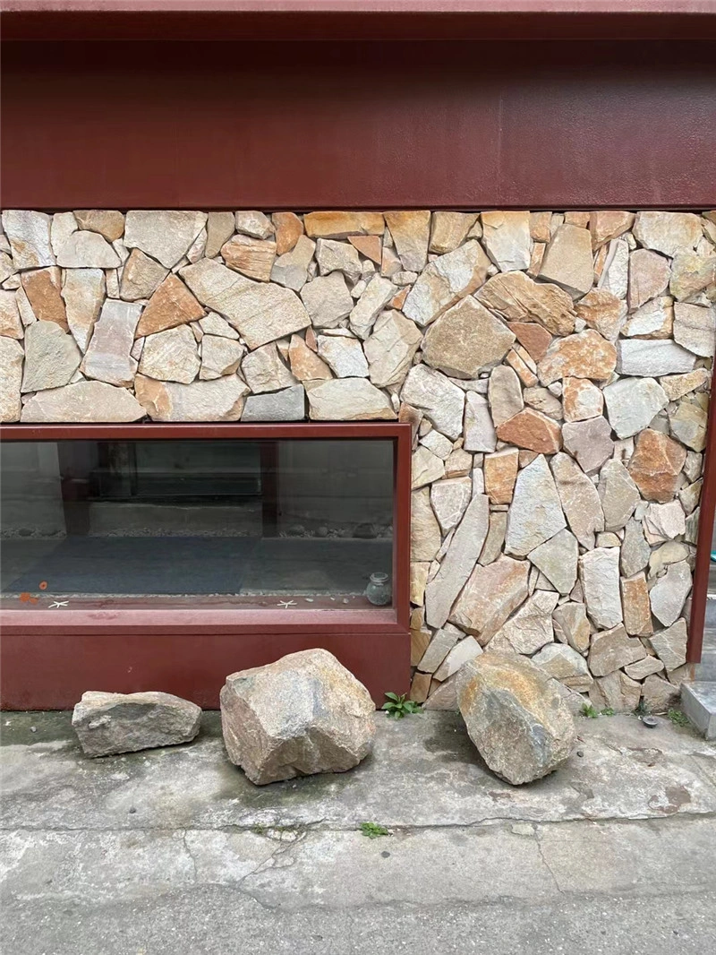 Natural Yellow Wood Grain Stone crazy paving irregular random stone for exterior feature wall cladding