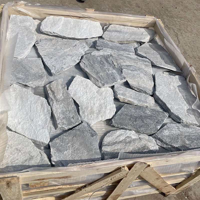 Grey White Random Stone packed in wooden export crate for stone wall cladding