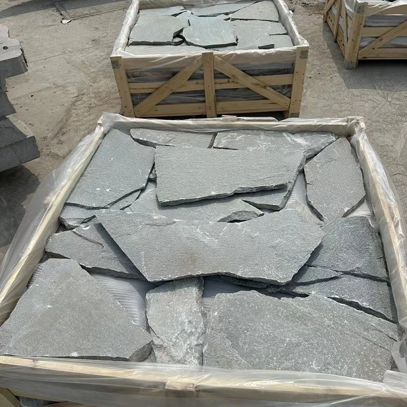 Grey Green Irregular Flagstone, packed natural slate in wooden crate for export shipment