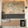 Yellow crazy paving stone accent wall for indoor bar counter decor