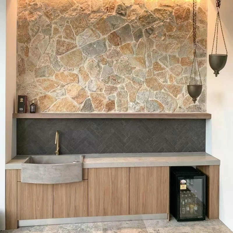 Yellow Stone Interior Wall with natural stone kitchen backsplash