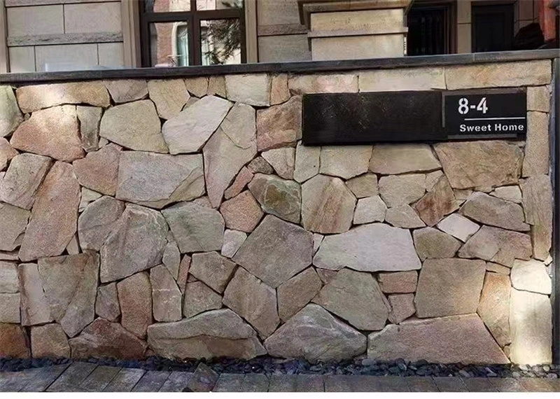 Finished Rustic Crazy Paving Stone boundary wall, natural slate entrance landscaping