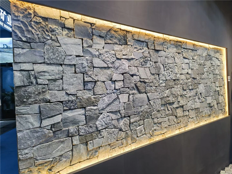 Grey slate ledger stone accent wall with LED strip lighting interior decor