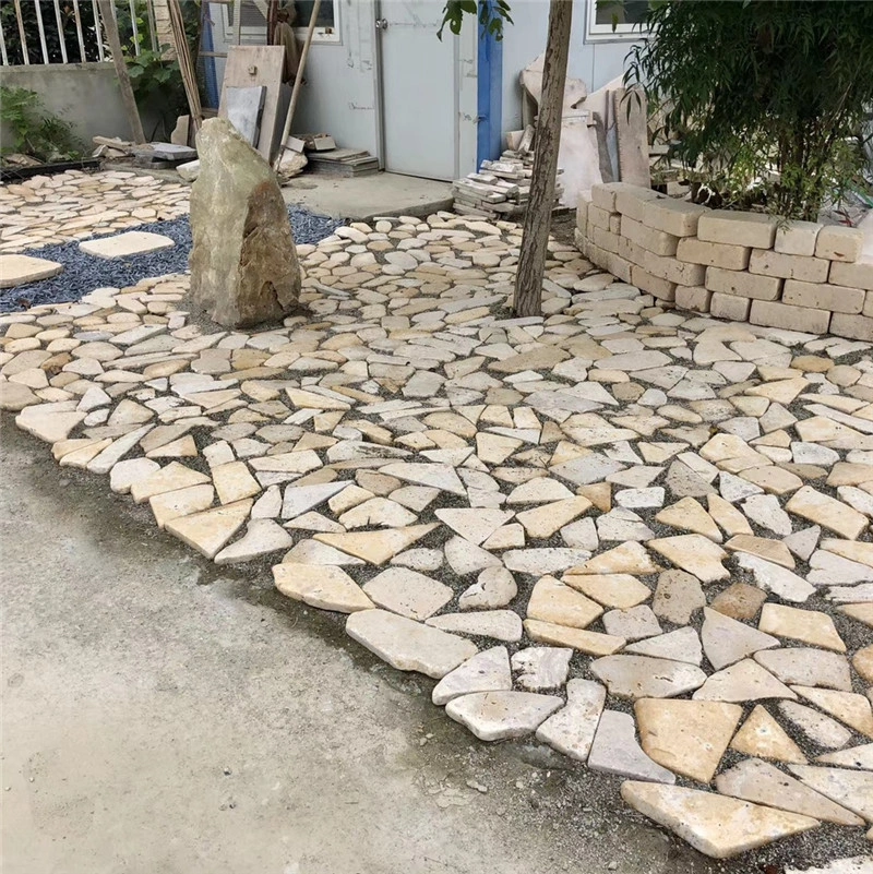 Yellow Limestone Crazy Paving garden walkway real‑site installation natural crazy paving stone
