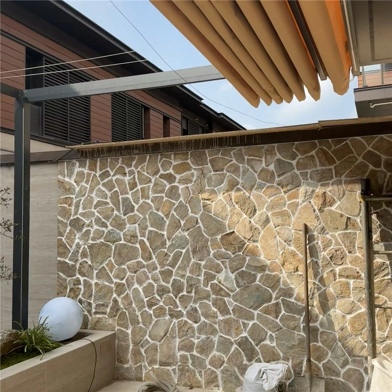 Light Golden Random Fieldstone villa exterior boundary stone wall