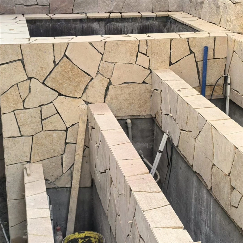Yellow Limestone Crazy Paving swimming pool surround natural limestone paving project