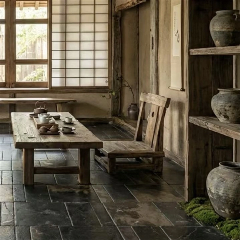 Black Limestone with Gold Veining, natural stone floor for oriental tea room interior