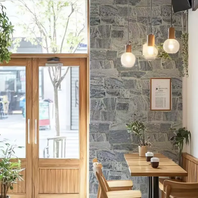 Cloud Grey Slate Wall Cladding, random slate feature wall in coffee shop dining area