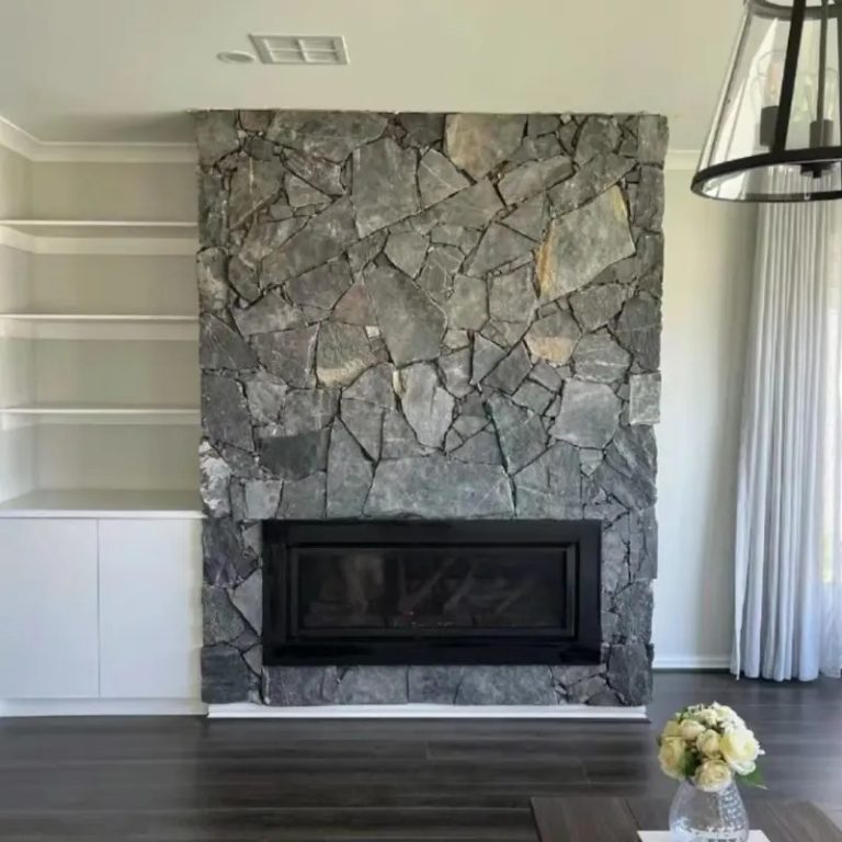 Natural Stone Wall Design with Indoor Crazy Paving Stone Fireplace Cladding