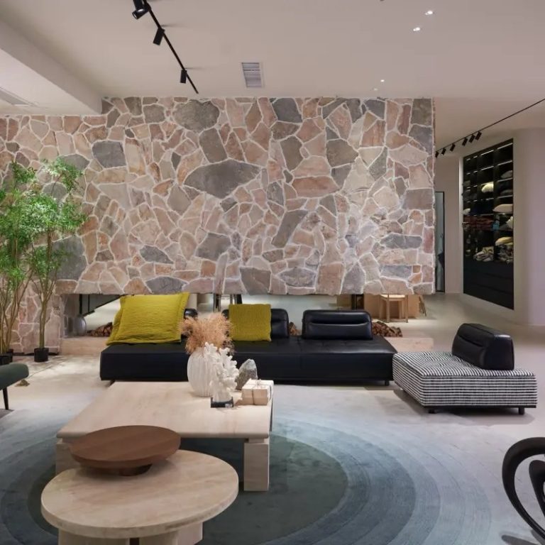 Yellow Stone Interior Wall with natural crazy paving stone in spacious modern living room