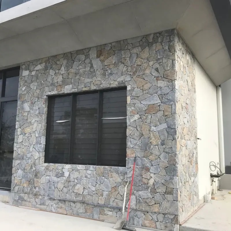 Natural Stone Wall Design for Entire House Exterior with Crazy Paving Stone Veneer
