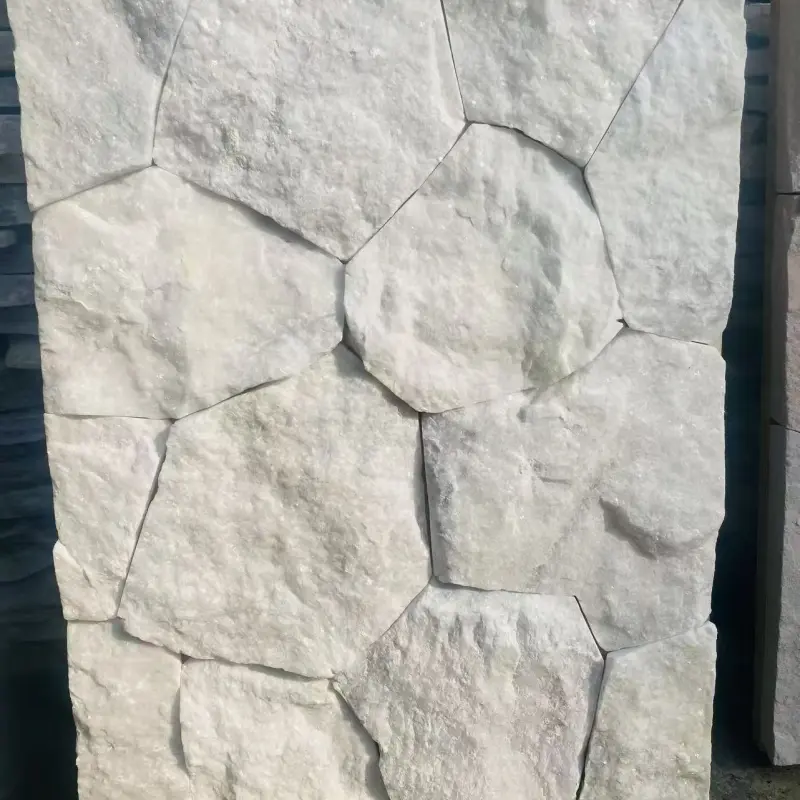 White natural crazy paving wall stone mesh‑backed panel for exterior facade cladding